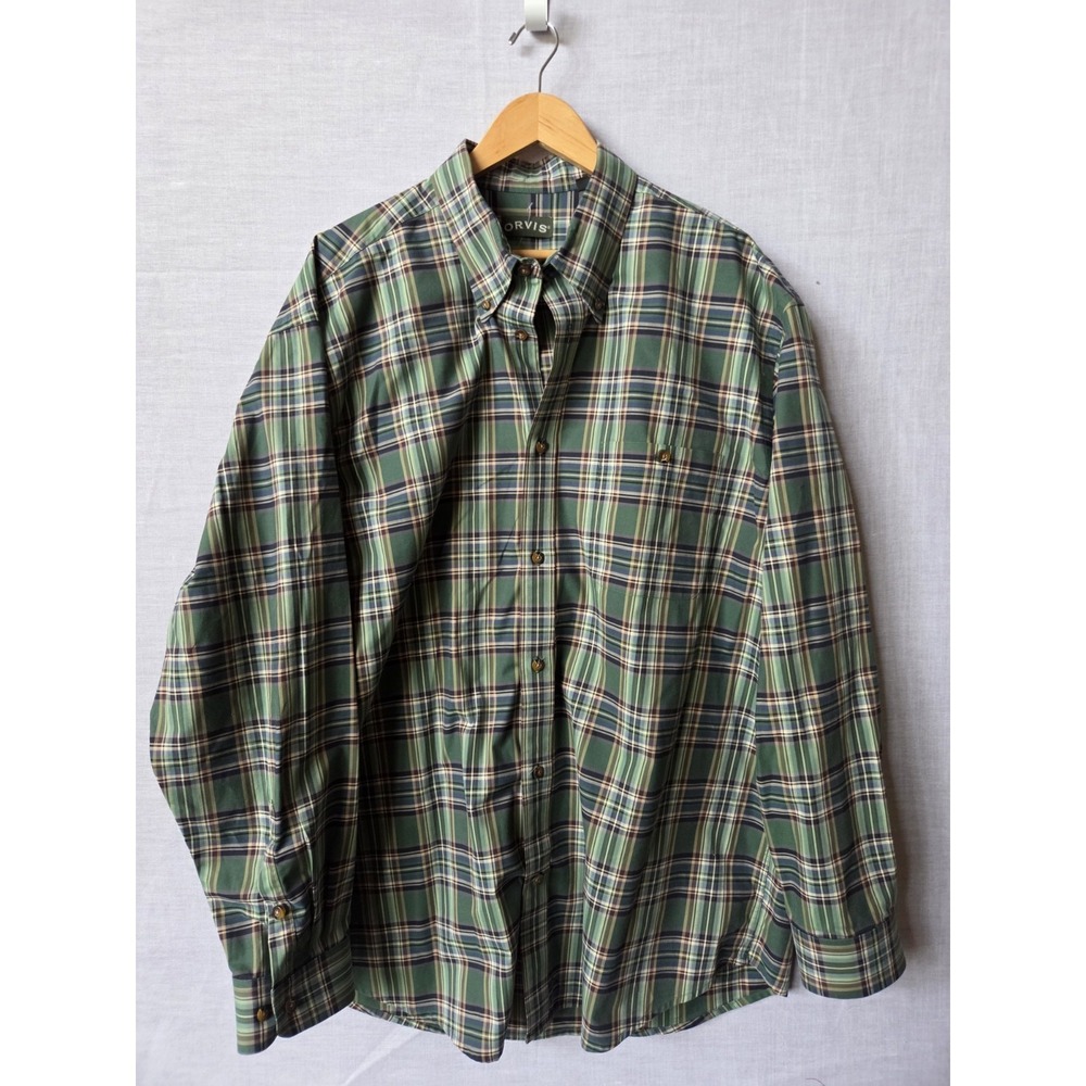 ORVIS Shirt Long Sleeve Mens XXL Tall 2XLT Green Plaid Heavy Weight Cotton